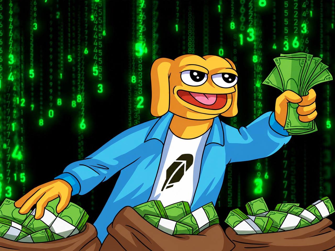 Andy holding cash in a Robinhood shirt with a matrix background